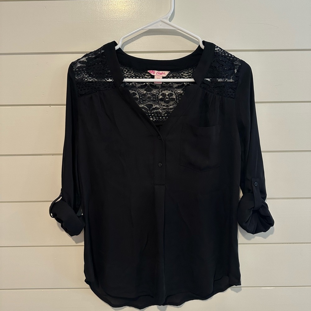 XS Candie’s Black Blouse with Gorgeous Shoulder Detail